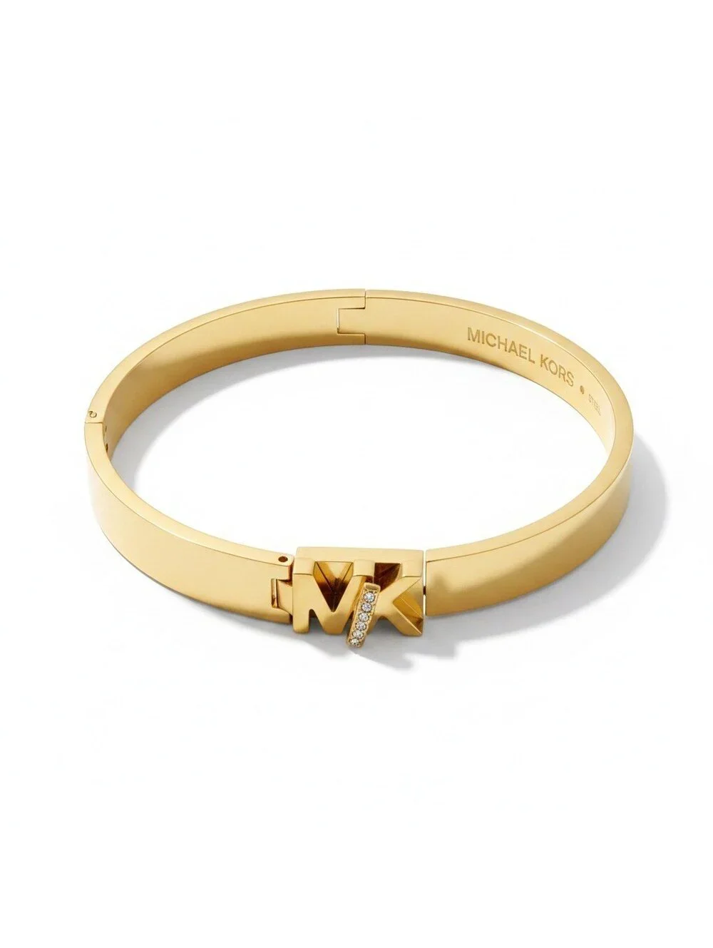 Michael Kors Gold Tone Steel MK Logo Pavé Crystal Hinged Bangle Bracelet